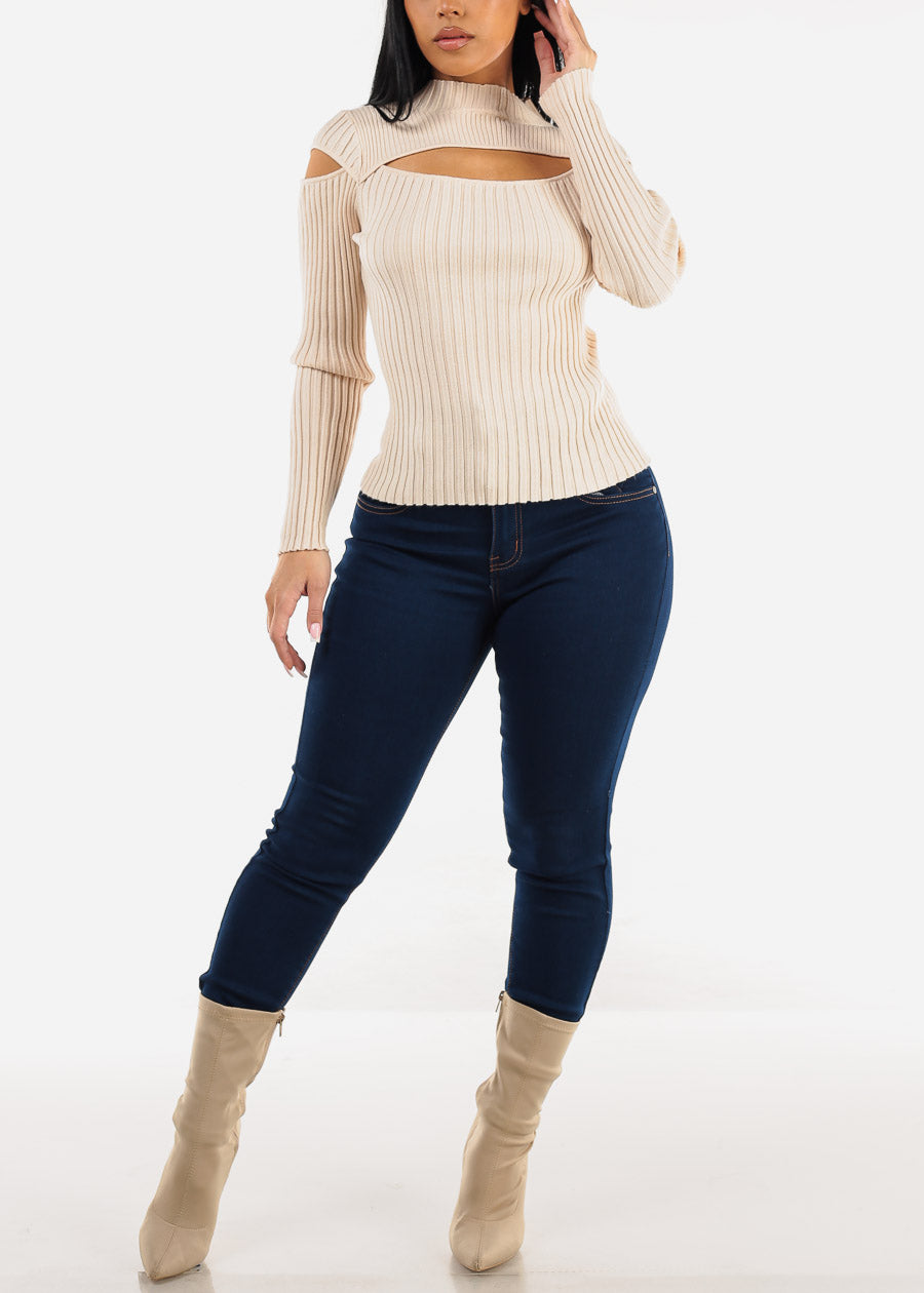 Mock Neck Stretchy Knit Cut Out Light Sweater Beige