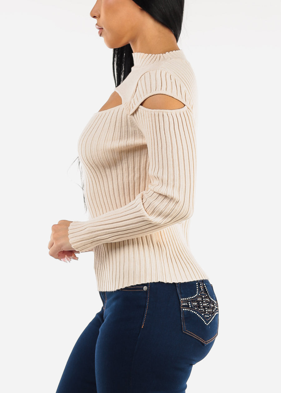 Mock Neck Stretchy Knit Cut Out Light Sweater Beige