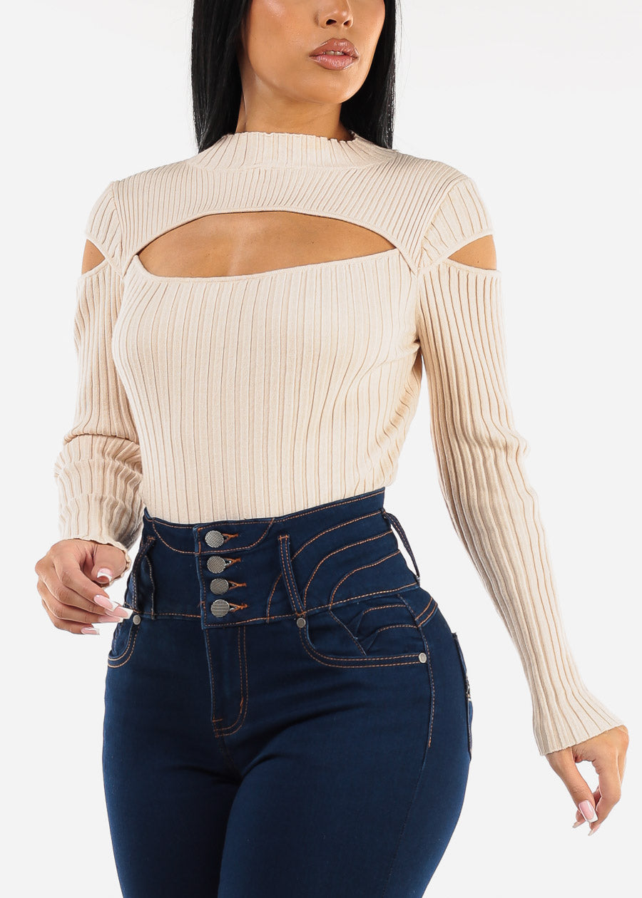 Mock Neck Stretchy Knit Cut Out Light Sweater Beige