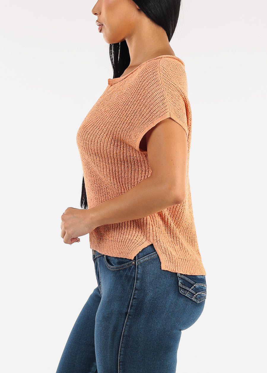 Short Sleeve Split Neck Knitted Top Peach