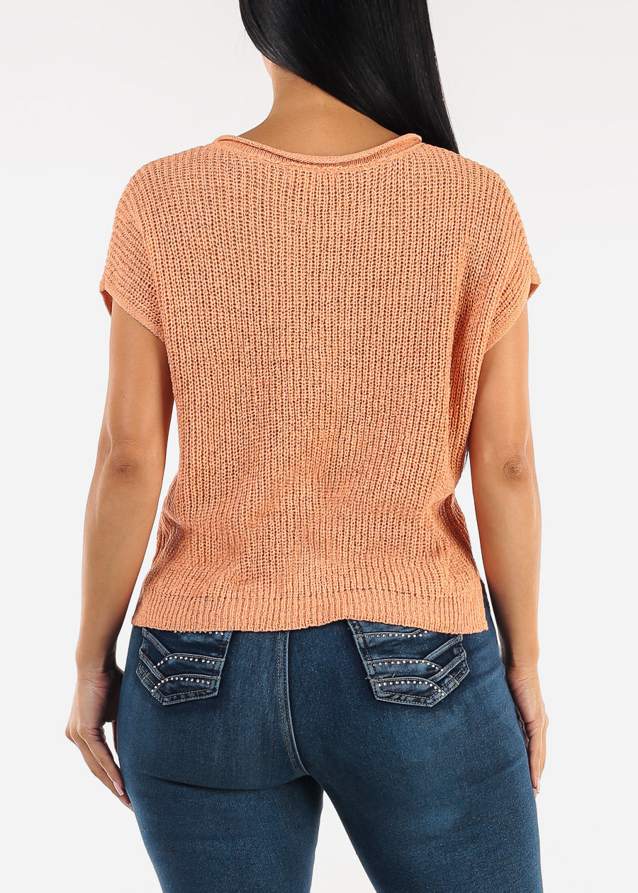 Short Sleeve Split Neck Knitted Top Peach