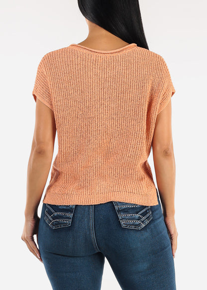 Short Sleeve Split Neck Knitted Top Peach