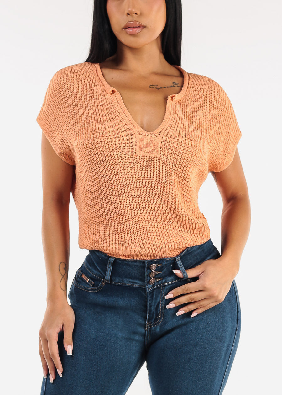 Short Sleeve Split Neck Knitted Top Peach