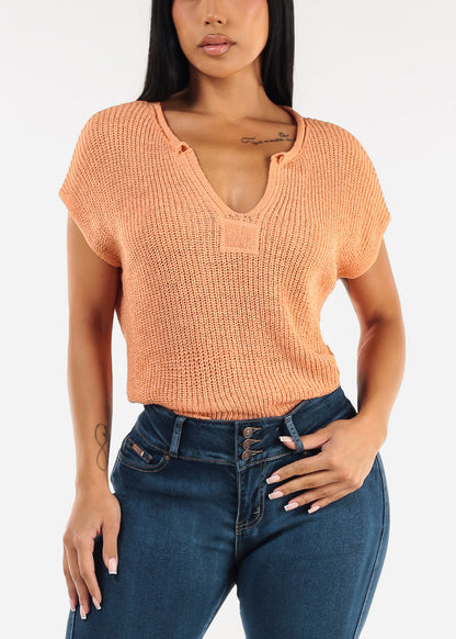 Short Sleeve Split Neck Knitted Top Peach