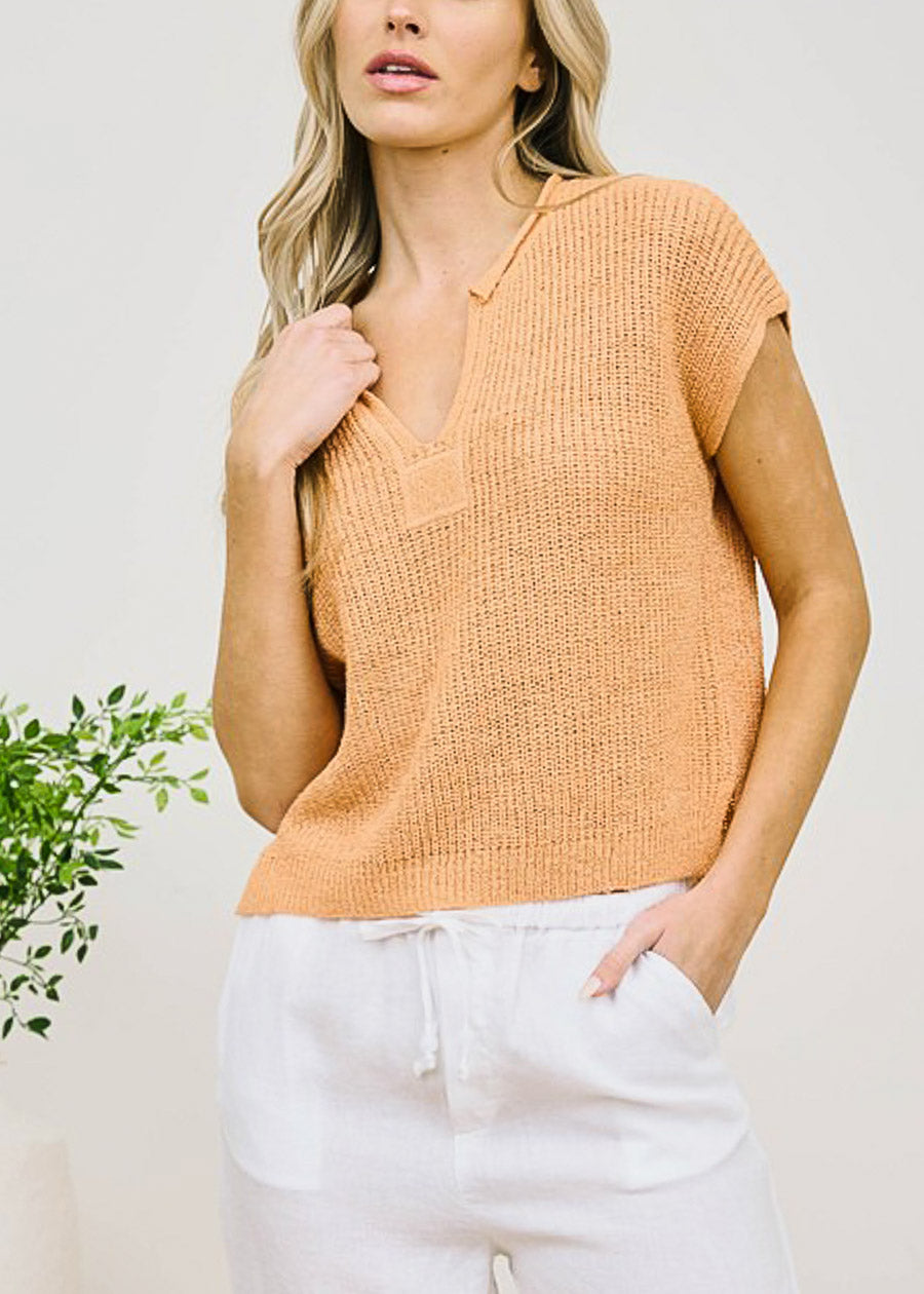 Short Sleeve Split Neck Knitted Top Peach
