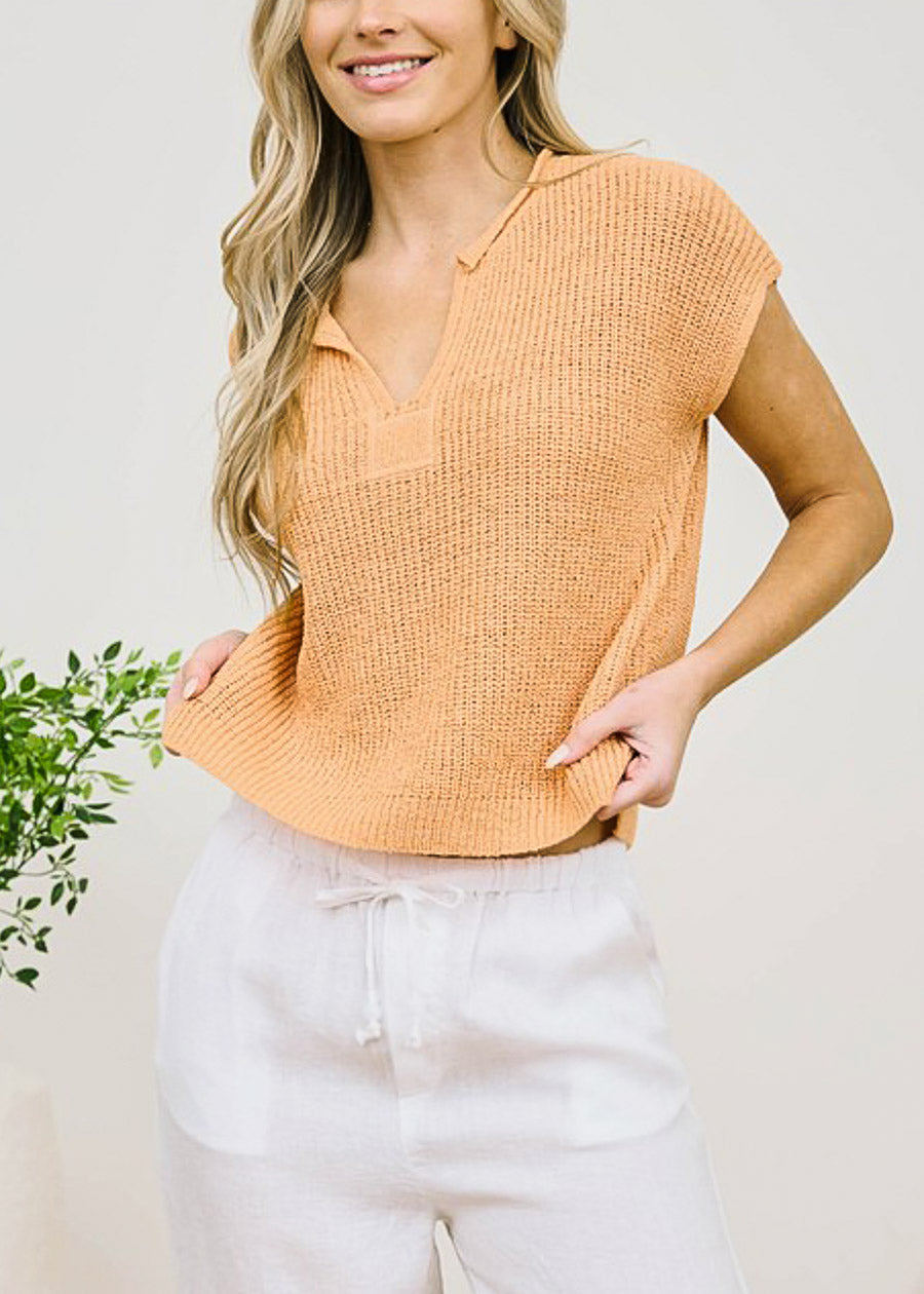Short Sleeve Split Neck Knitted Top Peach