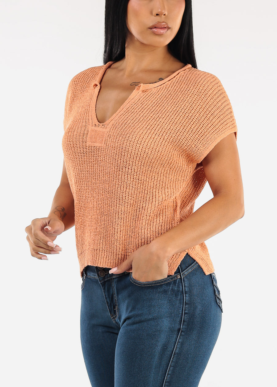 Short Sleeve Split Neck Knitted Top Peach
