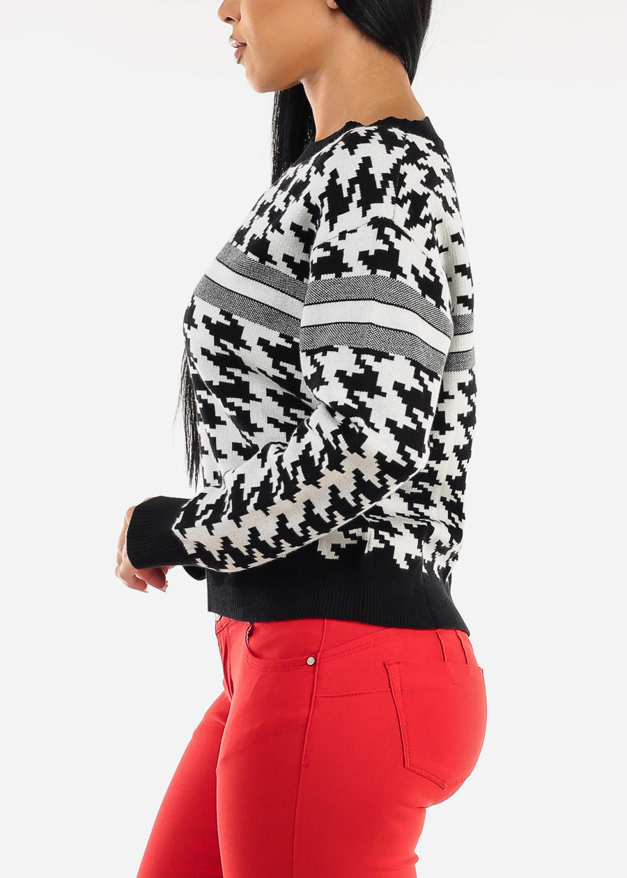 Round Neck Long Sleeve Printed Sweater B&W