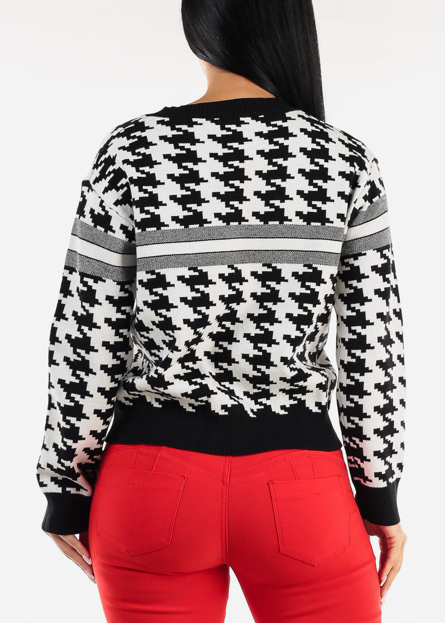 Round Neck Long Sleeve Printed Sweater B&W