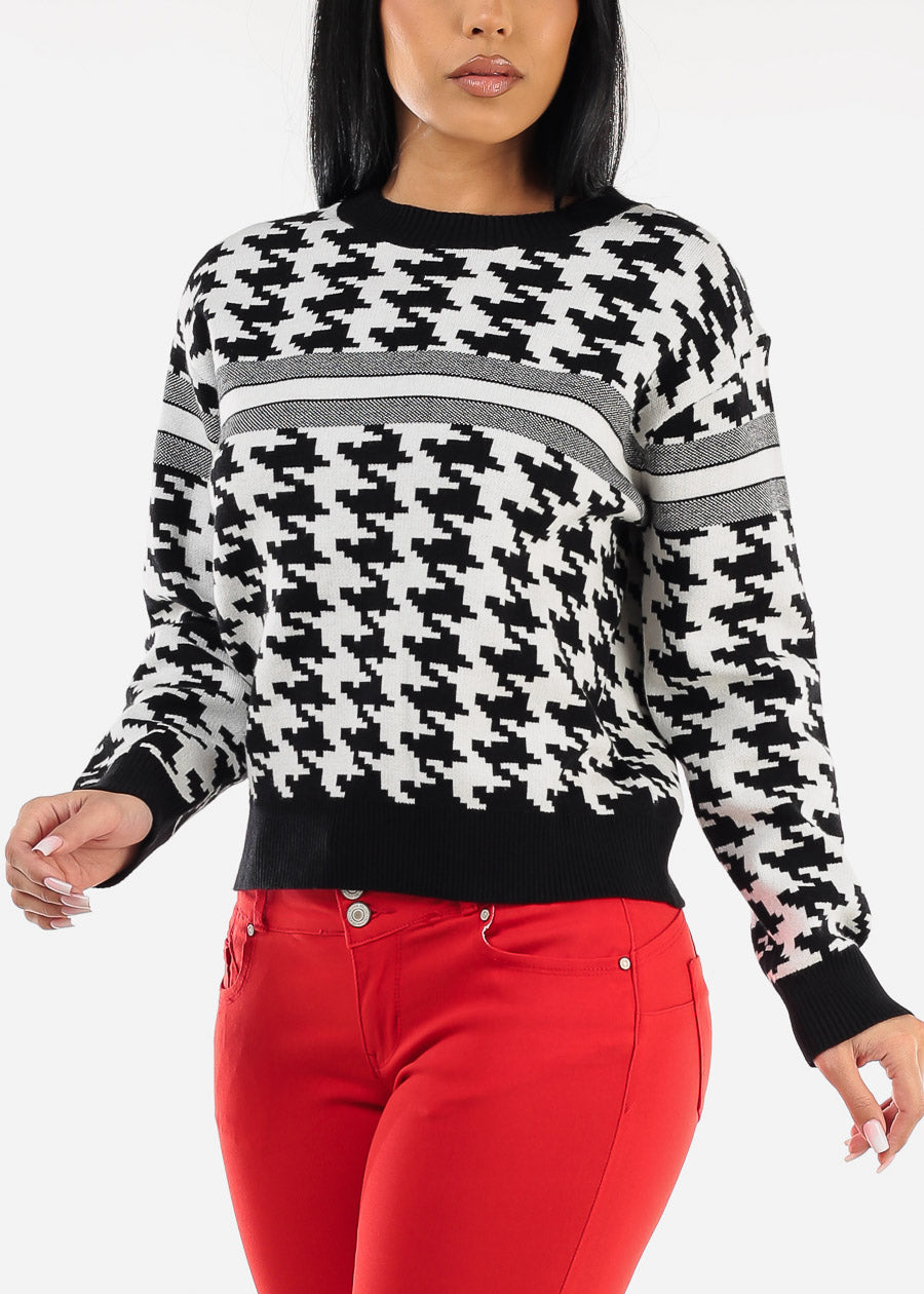 Round Neck Long Sleeve Printed Sweater B&W