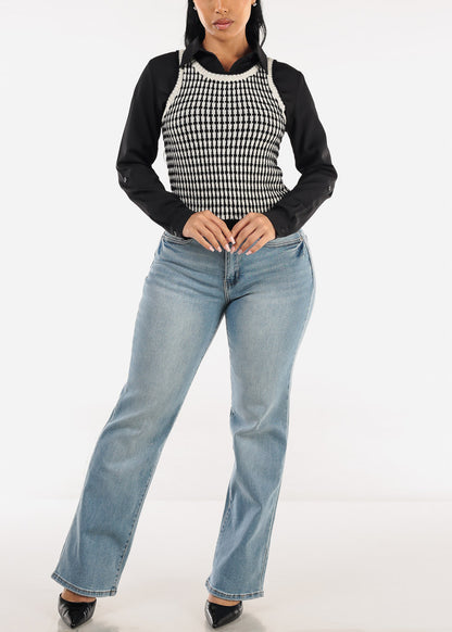 Sleeveless Printed Knit Sweater Vest Black & White