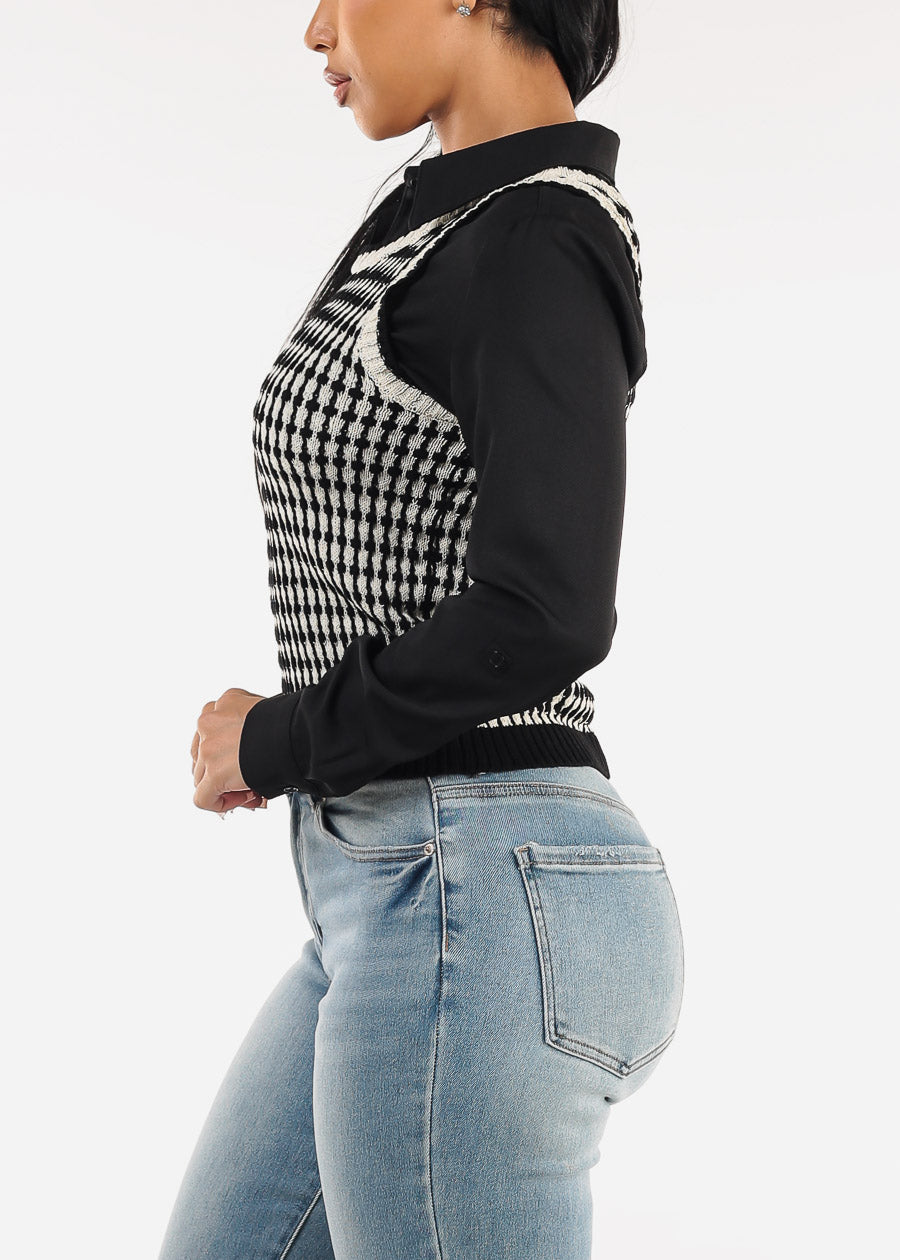 Sleeveless Printed Knit Sweater Vest Black & White