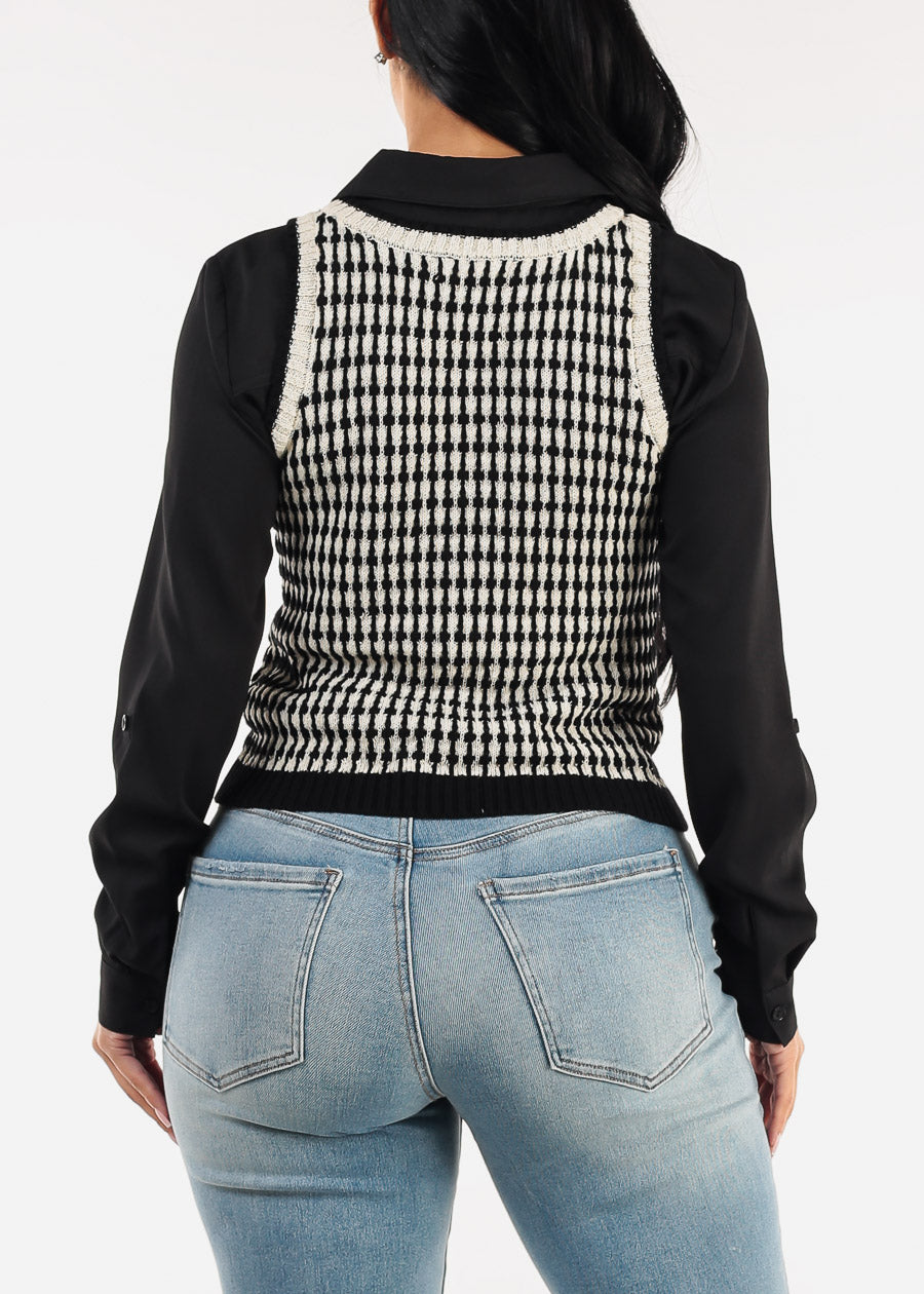Sleeveless Printed Knit Sweater Vest Black & White