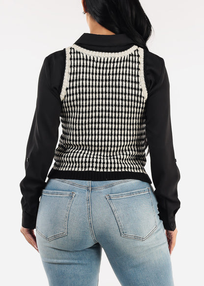Sleeveless Printed Knit Sweater Vest Black & White