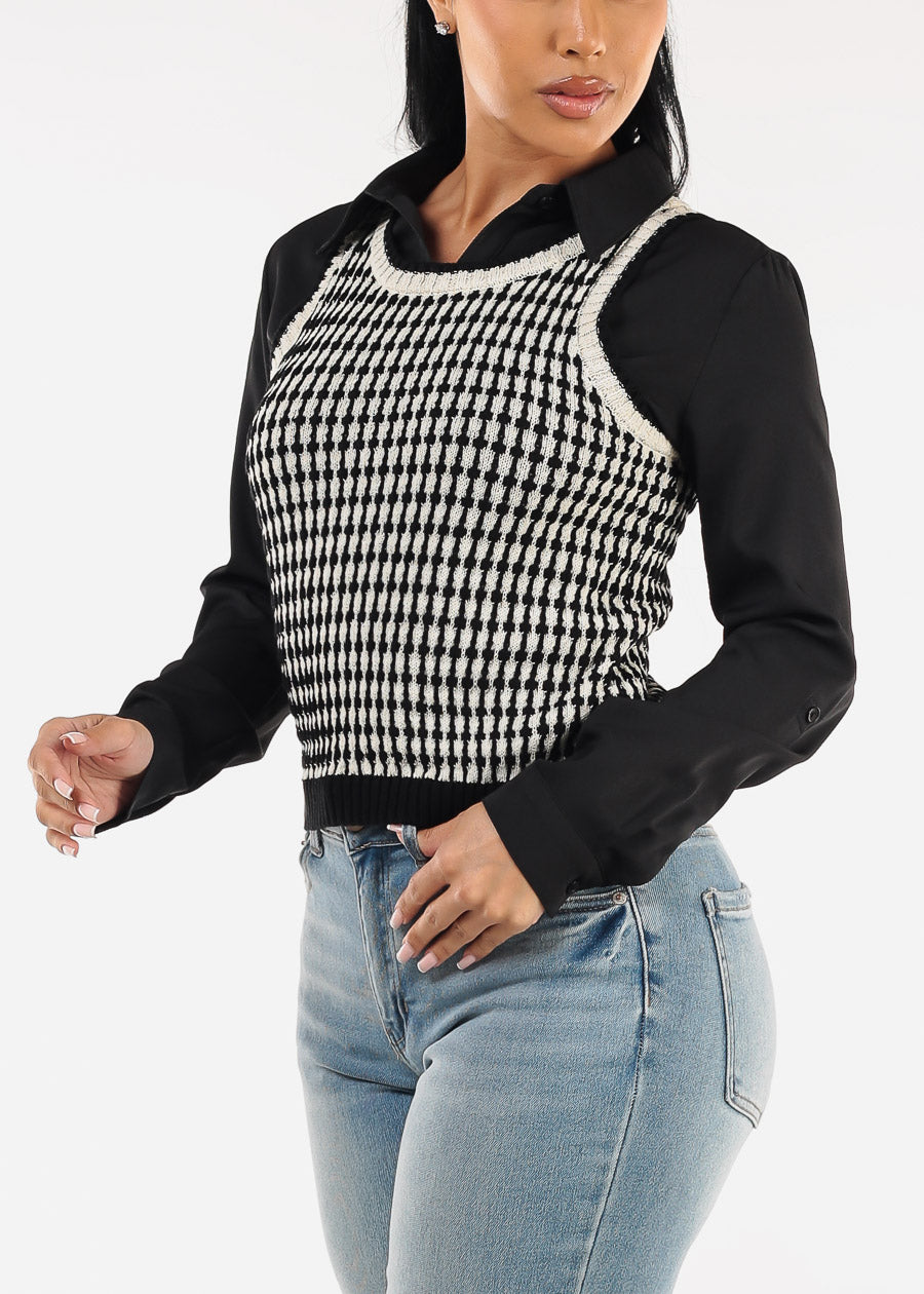Sleeveless Printed Knit Sweater Vest Black & White