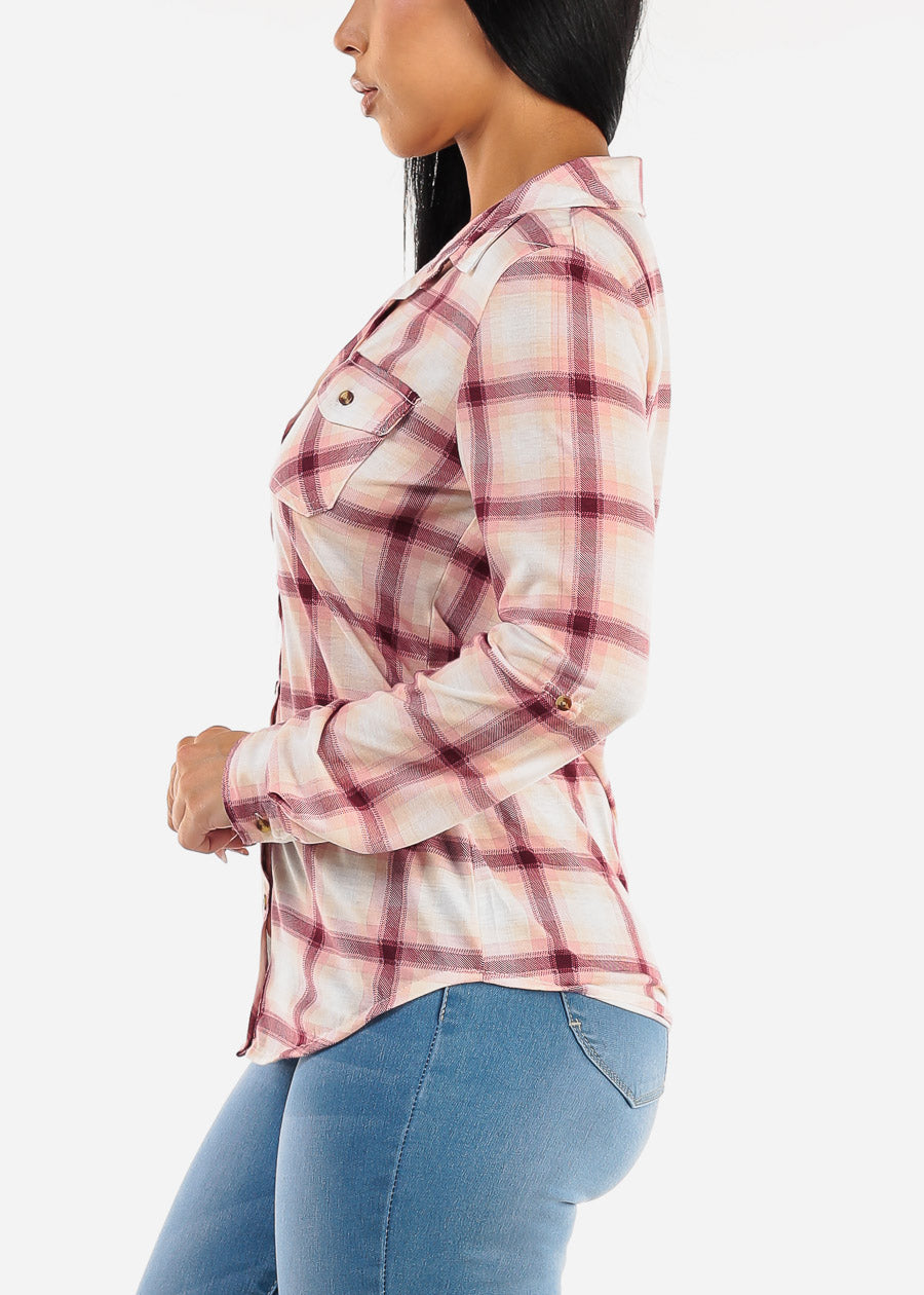 Long Sleeve Button Up Plaid Shirt Blush & Burgundy