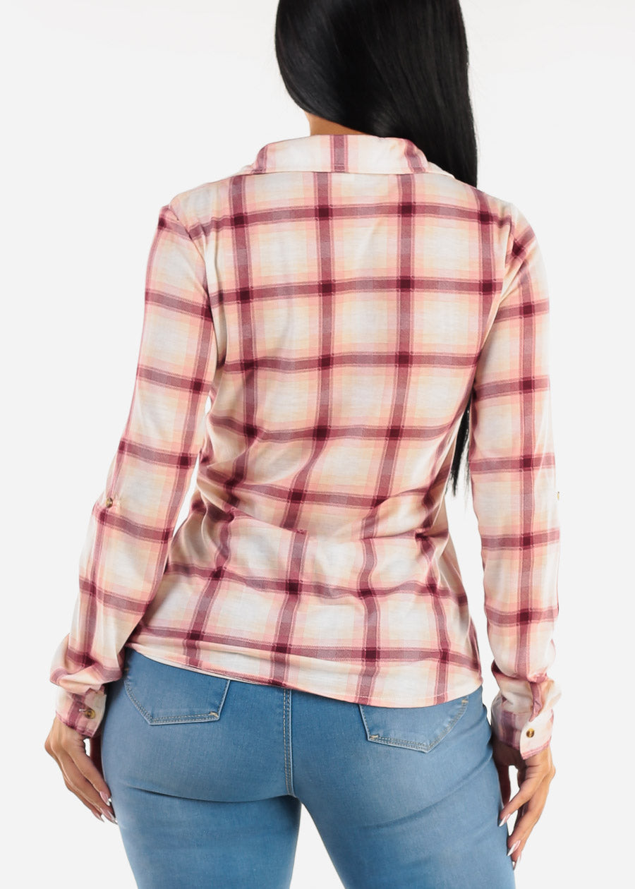 Long Sleeve Button Up Plaid Shirt Blush & Burgundy