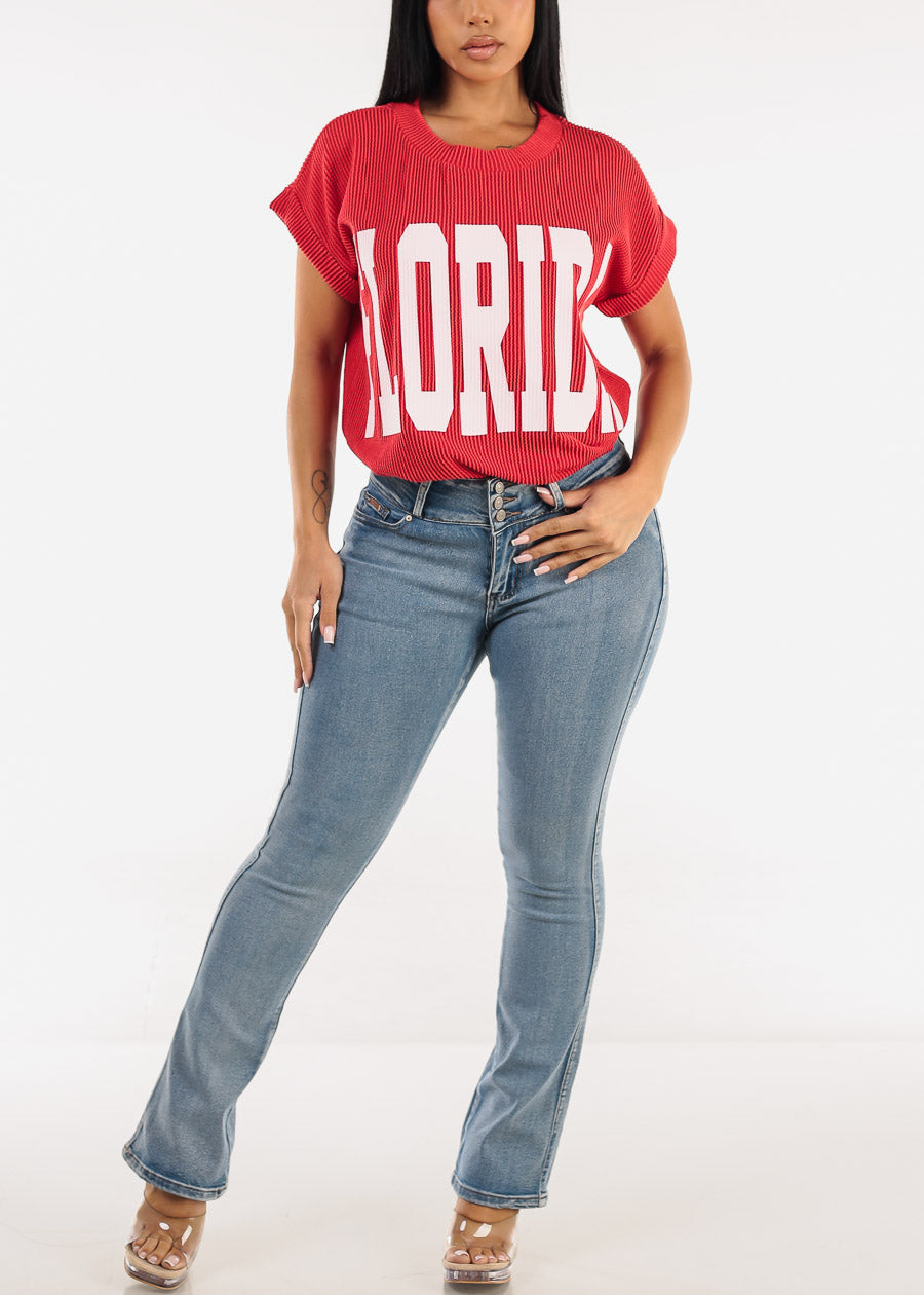 Short Sleeve Sweater Knit Graphic Tee Red "Florida"