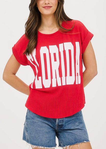 Short Sleeve Sweater Knit Graphic Tee Red "Florida"