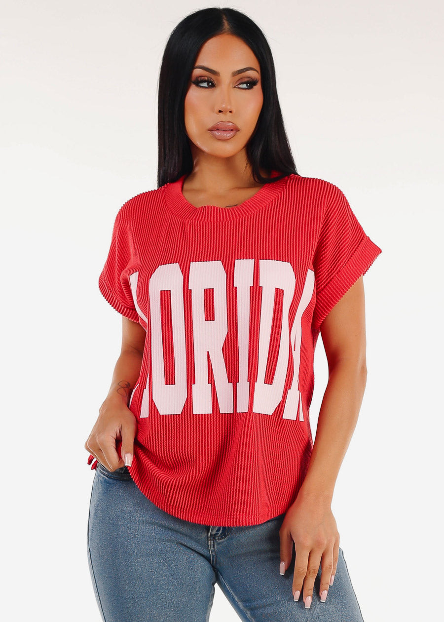 Short Sleeve Sweater Knit Graphic Tee Red "Florida"