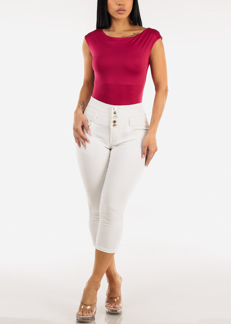 Short Cap Sleeve Boat Neckline Stretch Bodysuit Berry