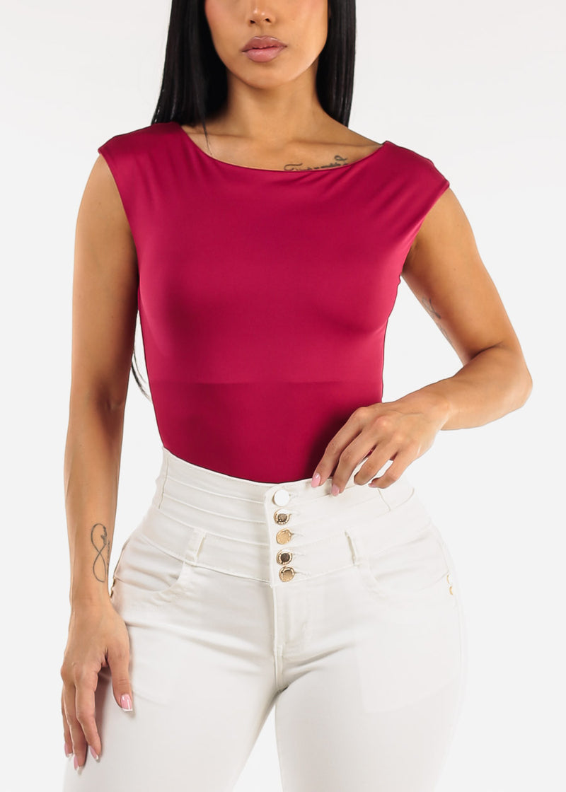 Short Cap Sleeve Boat Neckline Stretch Bodysuit Berry