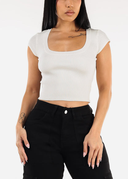 Short Sleeve Knit Crop Top Cream w Back Tie