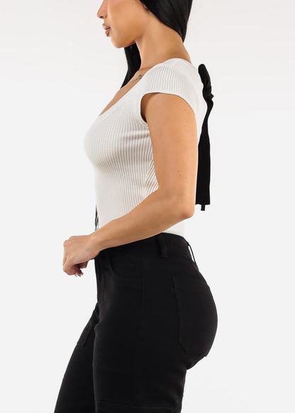 Short Sleeve Knit Crop Top Cream w Back Tie