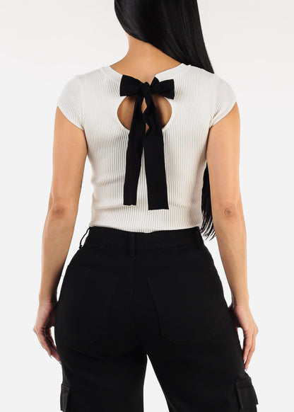 Short Sleeve Knit Crop Top Cream w Back Tie