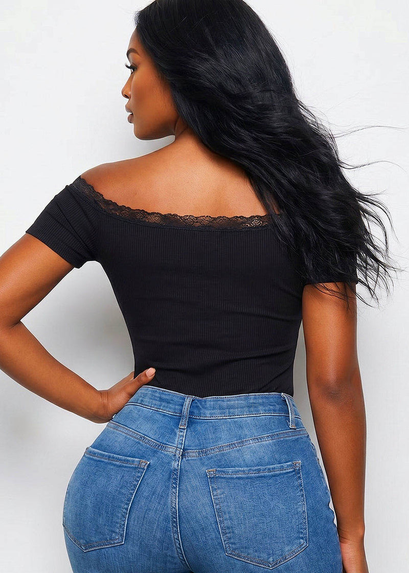 Off Shoulder Stretch Ribbed Top Black w Lace Trim