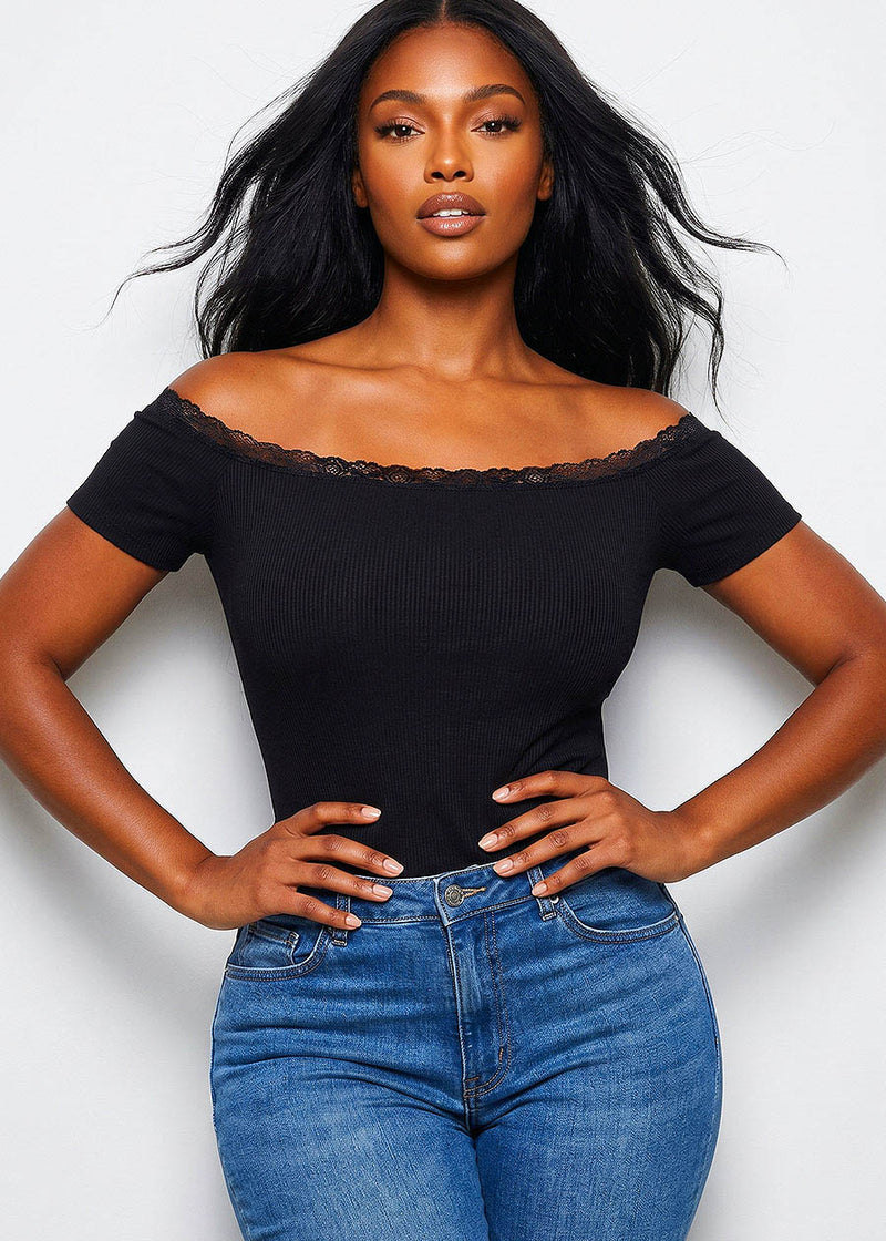 Off Shoulder Stretch Ribbed Top Black w Lace Trim