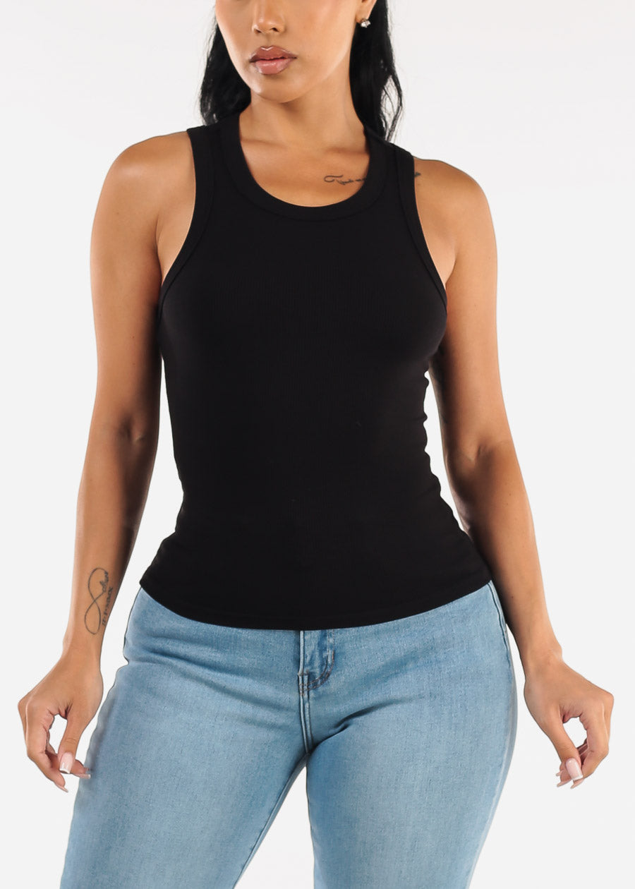 Black Round Neck Racerback Stretchy Top