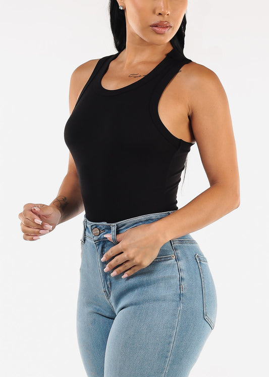 Black Round Neck Racerback Stretchy Top