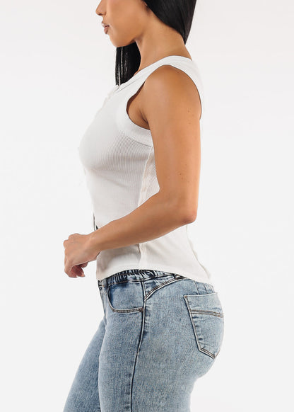 Sleeveless Henley Rib Knit Stretch Top White