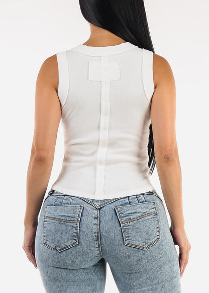 Sleeveless Henley Rib Knit Stretch Top White
