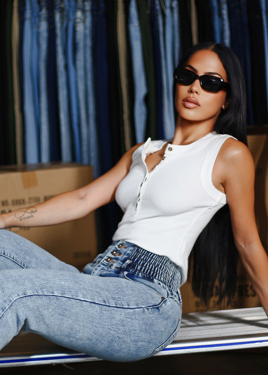 Sleeveless Henley Rib Knit Stretch Top White