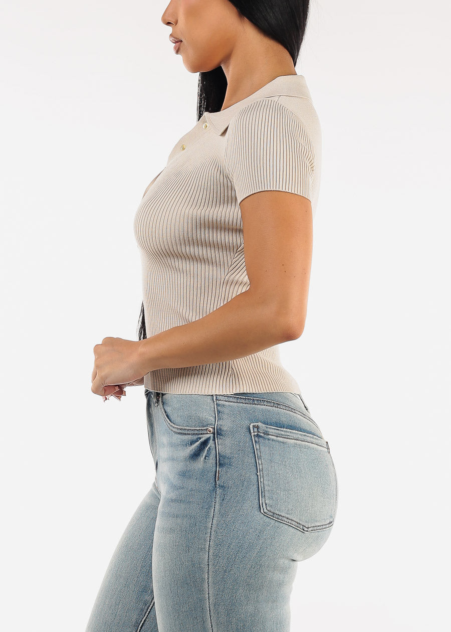 Short Sleeve Sweater Knit Polo Shirt Light Khaki