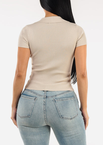 Short Sleeve Sweater Knit Polo Shirt Light Khaki