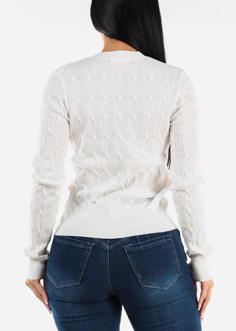 White Long Sleeve Crewneck Cable Knit Sweater