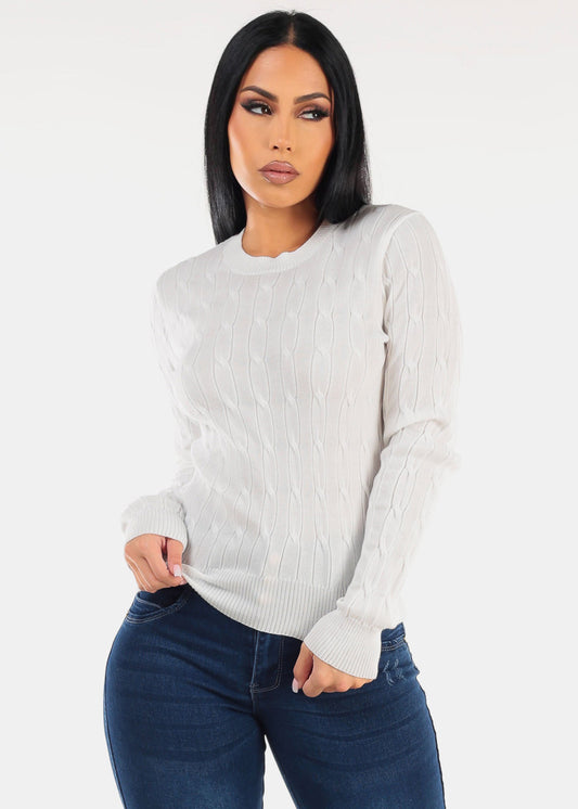 White Long Sleeve Crewneck Cable Knit Sweater