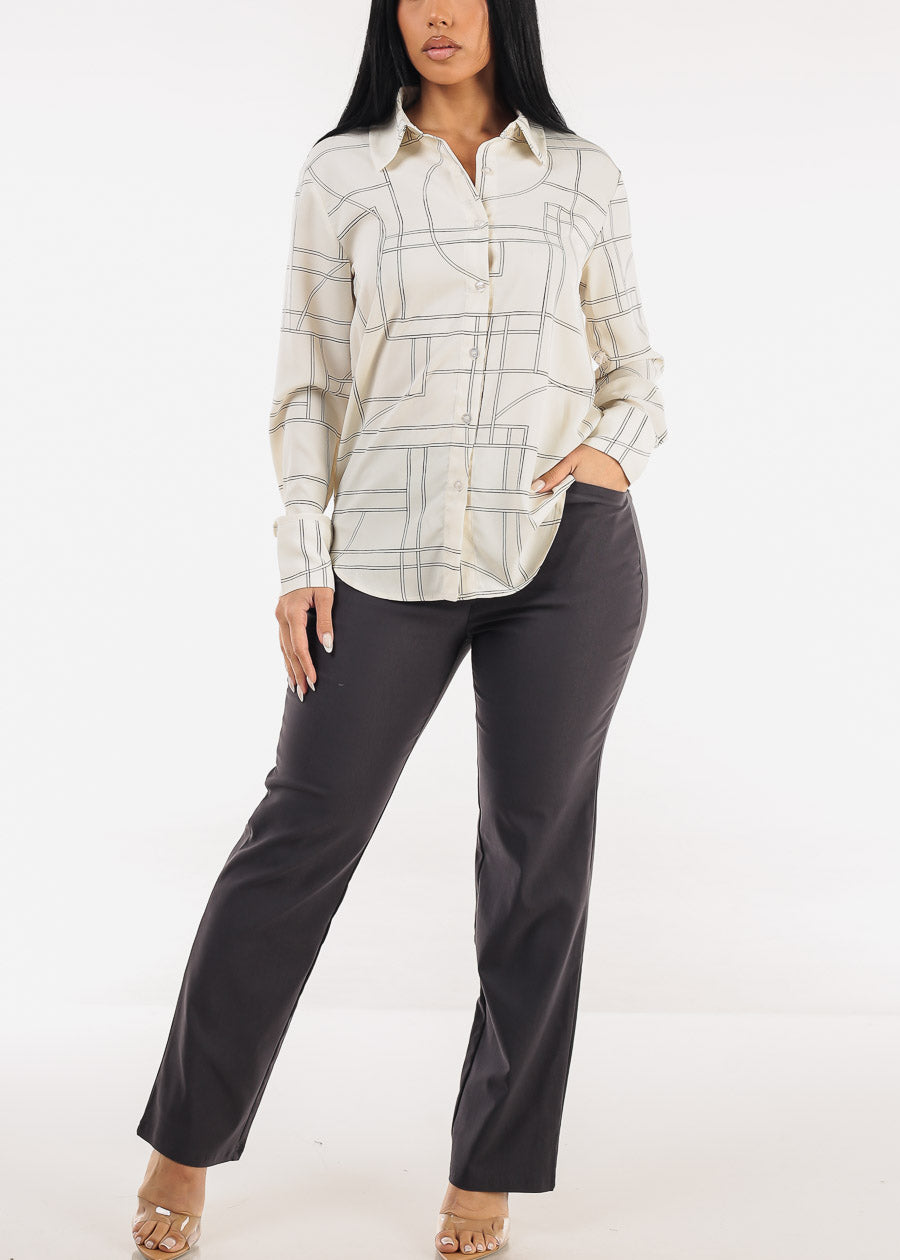 Long Sleeve Button Up Printed Collared Blouse Cream