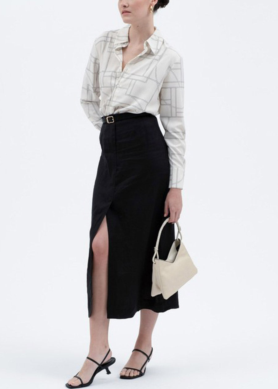 Long Sleeve Button Up Printed Collared Blouse Cream