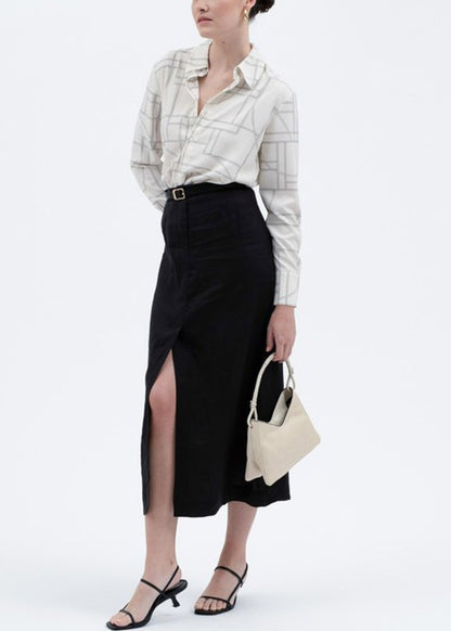 Long Sleeve Button Up Printed Collared Blouse Cream