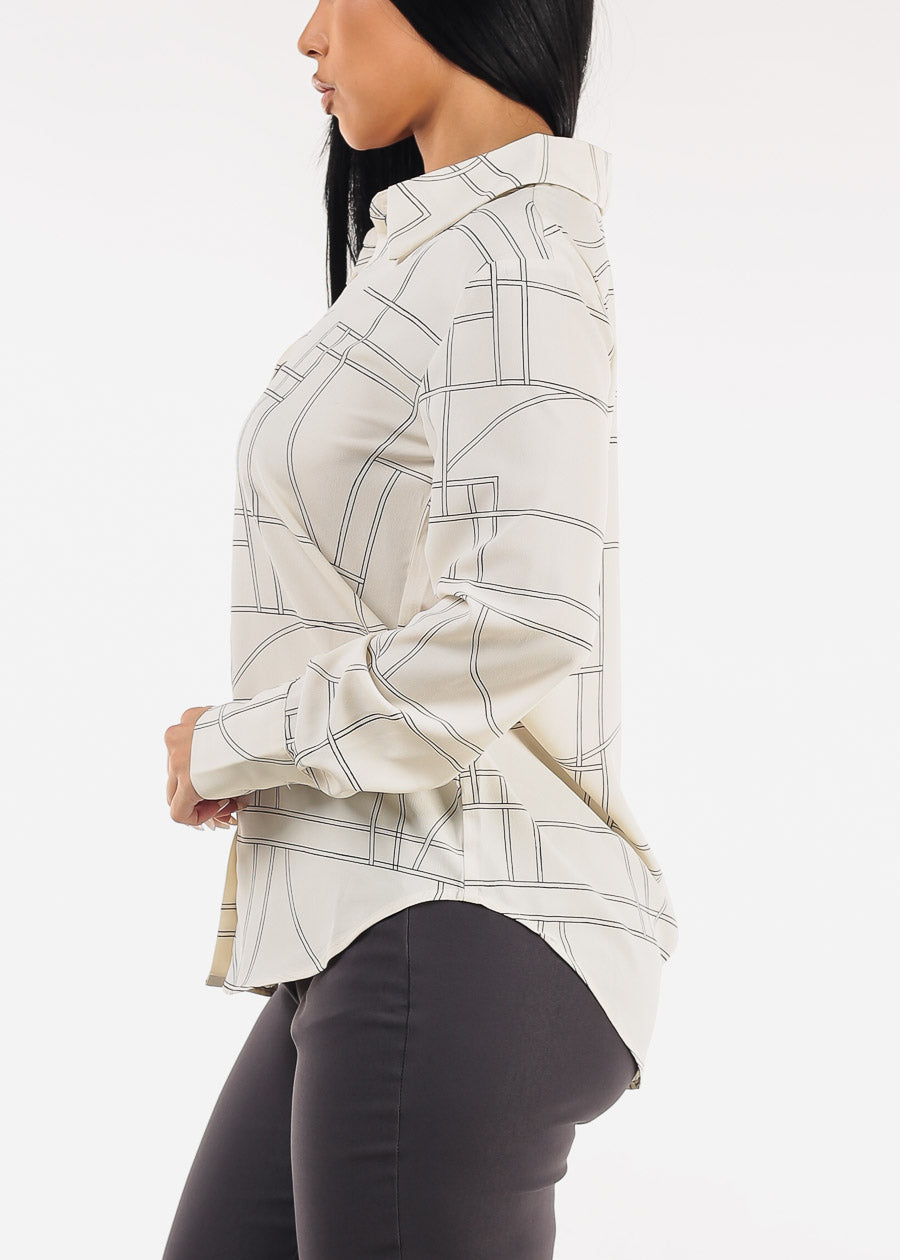 Long Sleeve Button Up Printed Collared Blouse Cream
