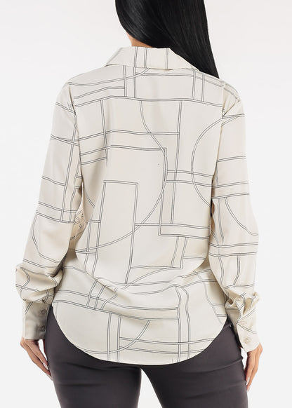 Long Sleeve Button Up Printed Collared Blouse Cream