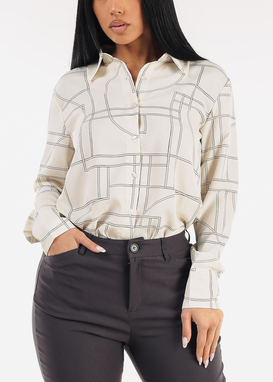 Long Sleeve Button Up Printed Collared Blouse Cream