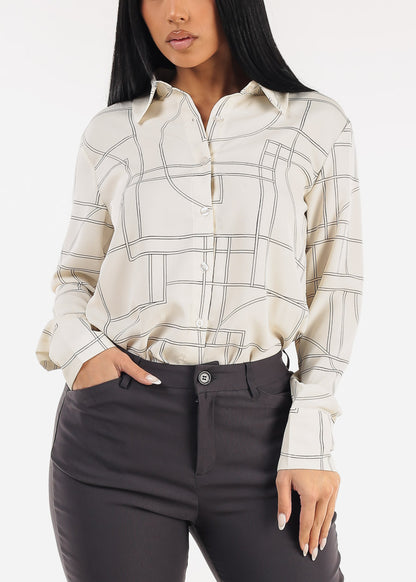 Long Sleeve Button Up Printed Collared Blouse Cream