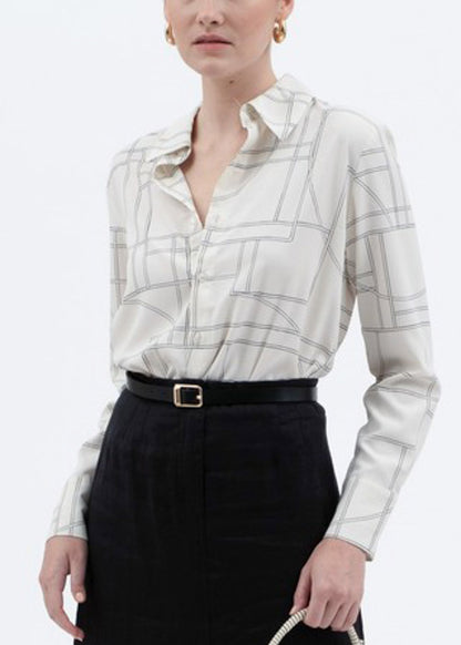 Long Sleeve Button Up Printed Collared Blouse Cream