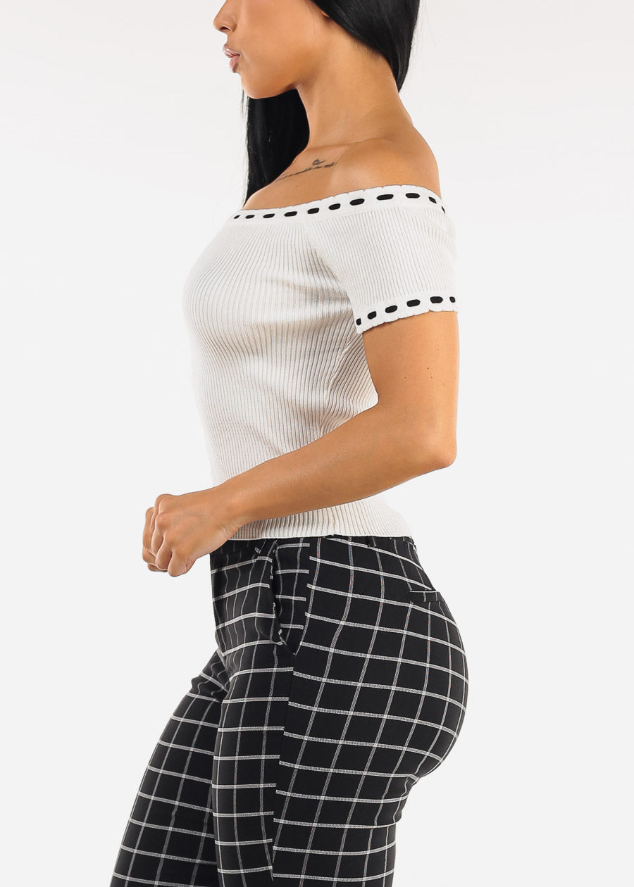 Stretch Off Shoulder Ribbed Top White