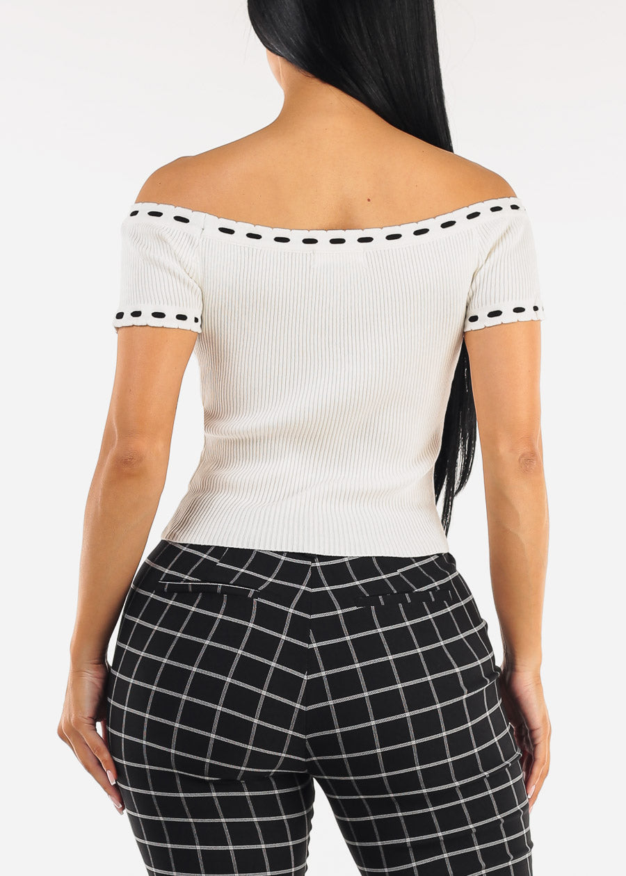 Stretch Off Shoulder Ribbed Top White